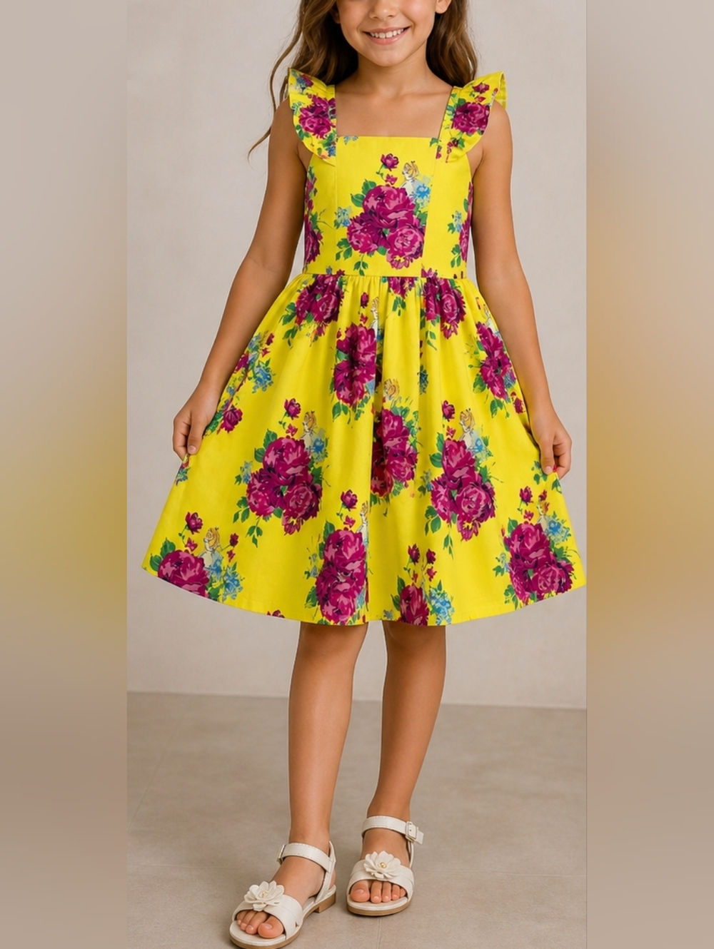 Disney By Janie  And Jack Girls' Yellow Floral Ruffle Strap Dress
